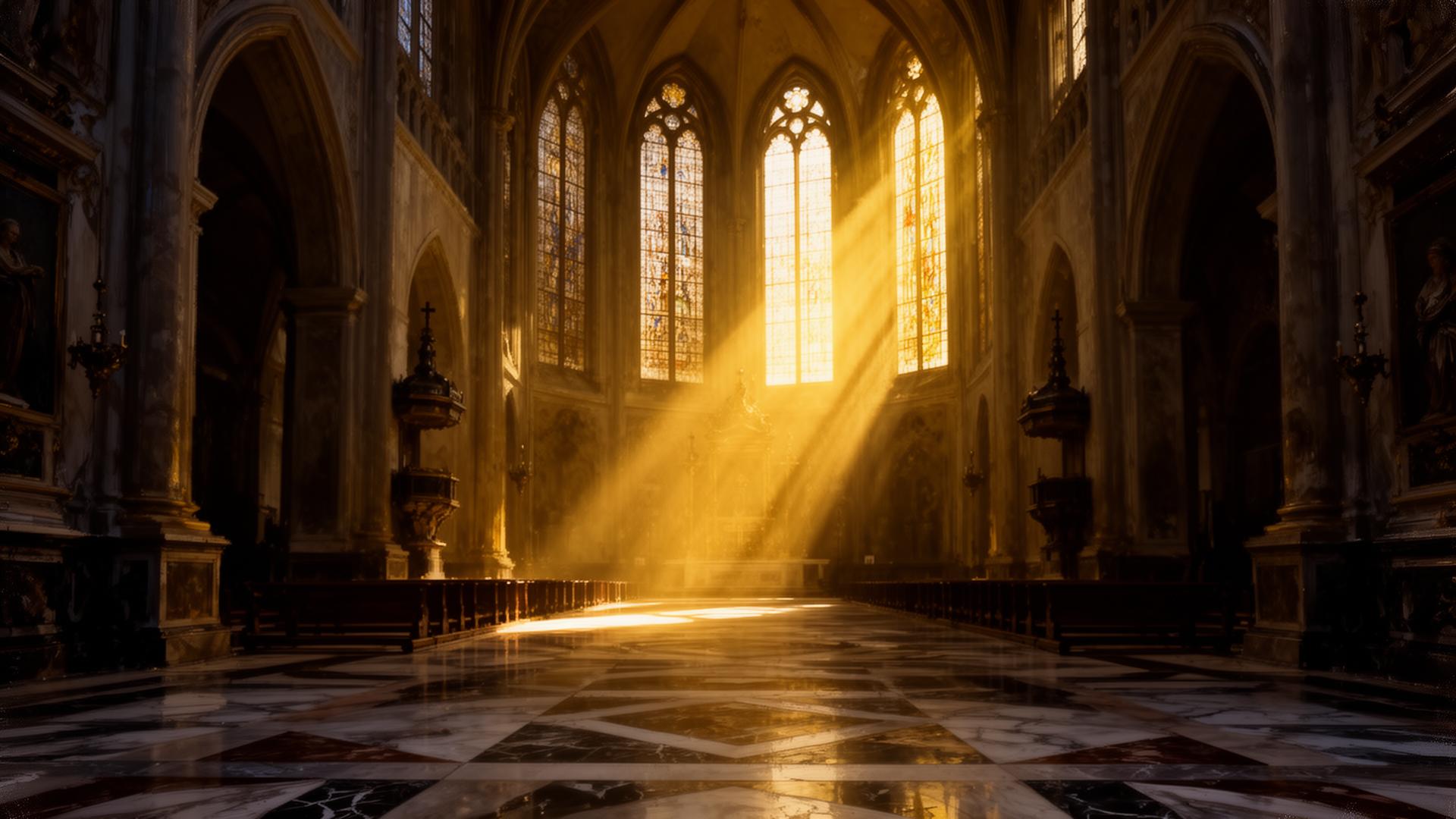 Luz dourada entrando na nave da igreja