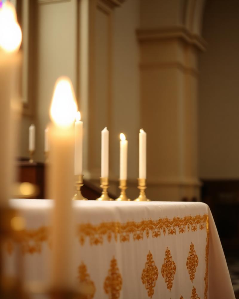 Altar com velas e toalha bordada
