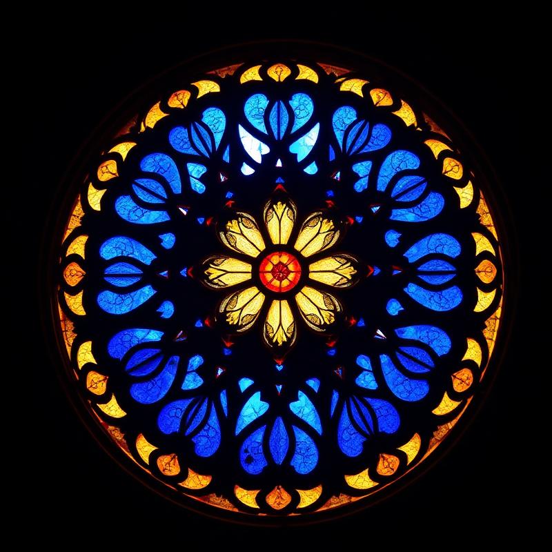 Rosácea de vitral azul e dourado